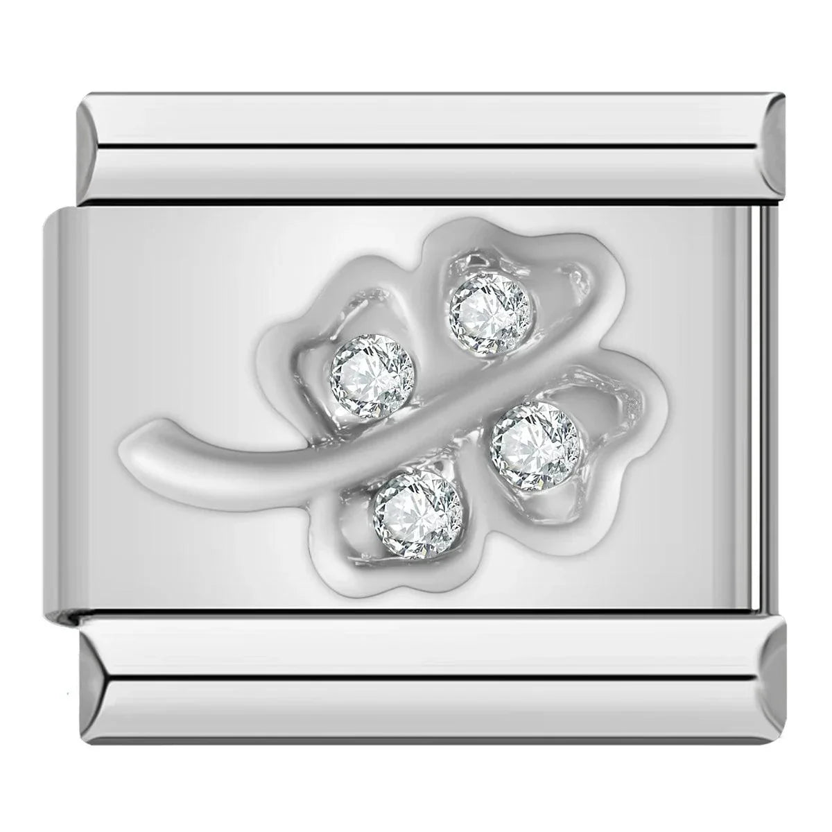 4-leaf Clover and its Stem, in Silver and White Stones - Charms Official