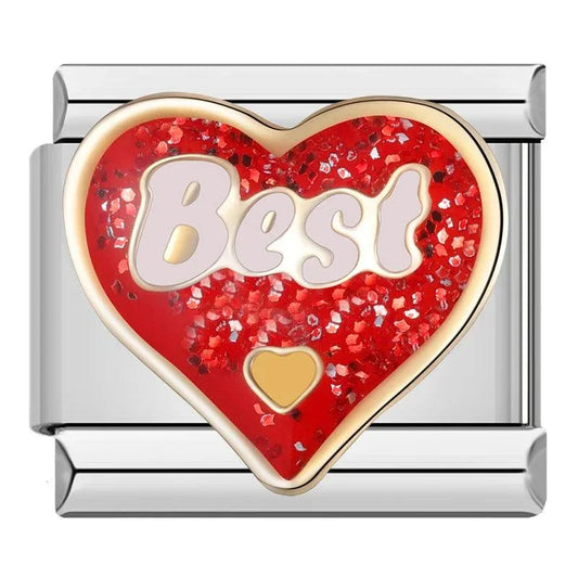 Glittery Red Heart, Best, on Silver - Charms Official
