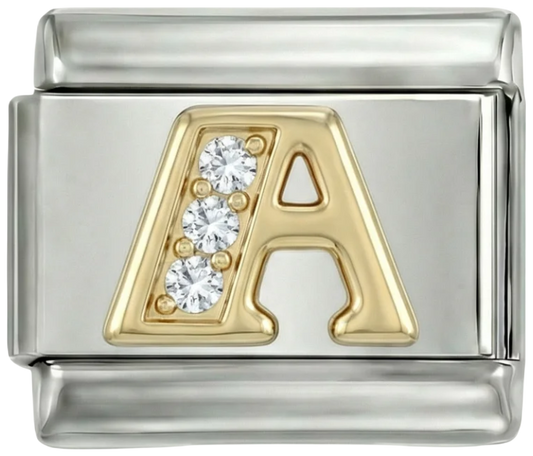 Letter A in Gold with Stones, on Silver - Letter-A-in-gold-with-stones-on-silver.png