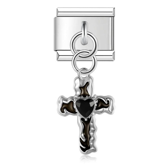Black Cross with Heart, on Silver - Charms Official